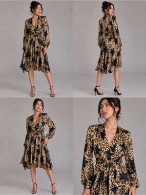 Chloe Dao asymmetrical leopard star Print satin long sleeve Wrap Dress s